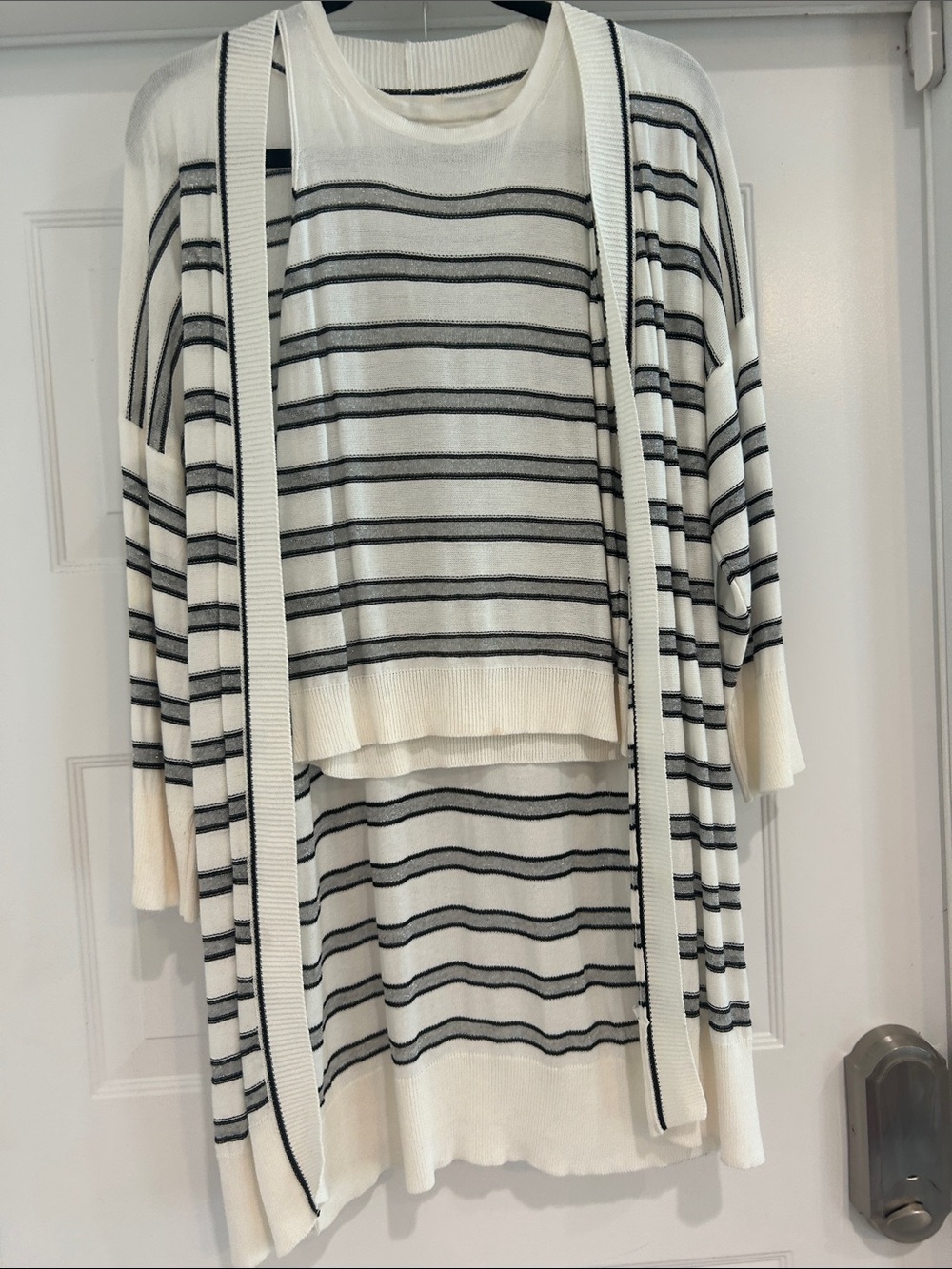 Striped Knit Sweater & Cardigan Set — Ivory and Black